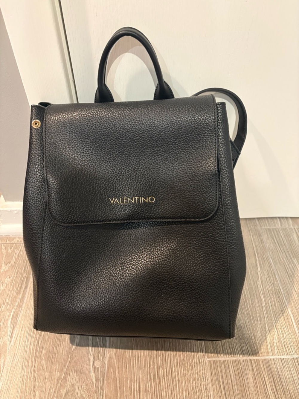 Valentino Black Pebbled Leather Backpack with Gold Logo